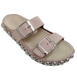 Alaïa-Alaia Nude Pink Suede Two Strap Sandal with Large Silver Studs-Pink