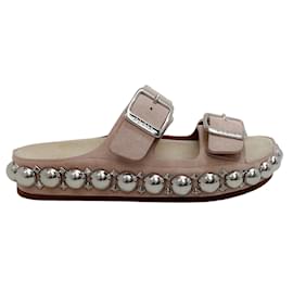 Alaïa-Alaia Nude Pink Suede Two Strap Sandal with Large Silver Studs-Pink