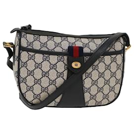 Gucci-GUCCI GG Canvas Sherry Line Shoulder Bag Gray Red Navy 89.02.032 Auth yk8166-Red,Grey,Navy blue