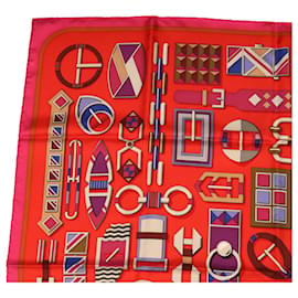 Hermès-HERMES CARRE 90 Scarf ""Boucles et Galons du Tsar"" Silk Red Auth 50270-Red