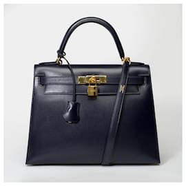 Hermès-Sac HERMES Kelly 28 en Cuir Bleu Marine - 101381-Bleu Marine