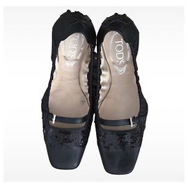 Tod's Black Leather Sequined Ballet Flats Black