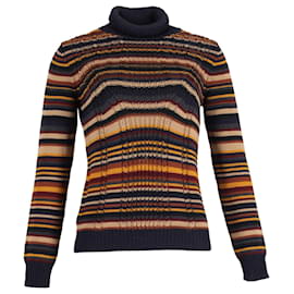 Prada-Prada Striped Cable-Knit Turtleneck Sweater in Multicolor Wool-Multiple colors