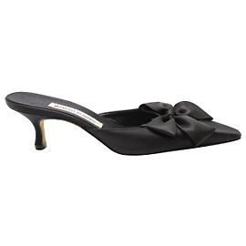Manolo Blahnik Copena Kitten-Heel Bow Mules in Black Satin Black