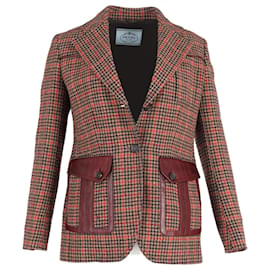 Prada-Prada Leather-Trimmed Checked Blazer in Brown Wool-blend Tweed -Brown