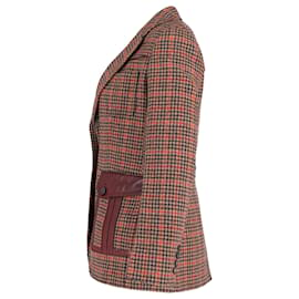 Prada-Prada Leather-Trimmed Checked Blazer in Brown Wool-blend Tweed -Brown