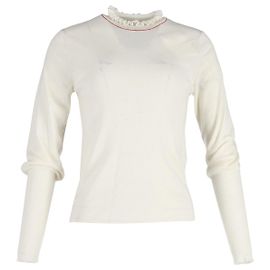 Chloé Chloe Rüschenpullover mit Stehkragen aus cremefarbener Wolle Weiß Roh