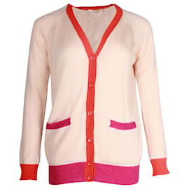 Céline-Cardigan Céline in maglia con finiture color block in cashmere pesca-Pesca