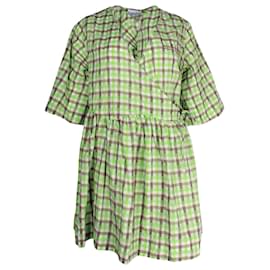 Ganni-Ganni Checked Seersucker Wrap Dress in Green Organic Cotton-Other