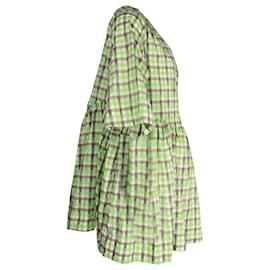 Ganni-Ganni Checked Seersucker Wrap Dress in Green Organic Cotton-Other