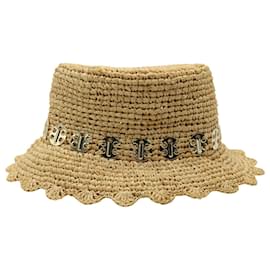 Paco Rabanne-Paco Rabanne Embellished Scalloped Bucket Hat In Beige Raffia-Beige