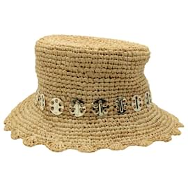 Paco Rabanne-Paco Rabanne Embellished Scalloped Bucket Hat In Beige Raffia-Beige