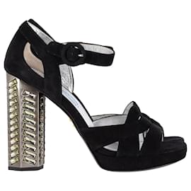 Prada-Prada Crystal-Embellished High Heel Platform Sandals in Black Suede-Black