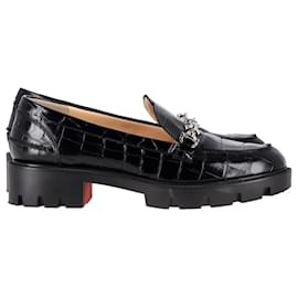 Christian Louboutin-Christian Louboutin Lug Swing Embellished Loafers in Croc-Effect Leather-Black