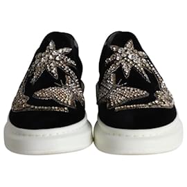 Alexander Mcqueen-Alexander McQueen Crystal-Embellished Slip-On Sneakers in Black Velvet-Black