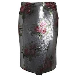 Paco Rabanne-Paco Rabanne Floral-Print Mesh Wrap-Skirt in Silver Aluminum-Silvery