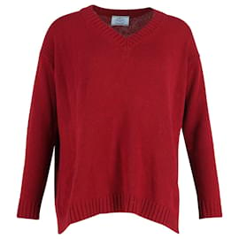 Prada-Prada Elbow Patch V-neck Sweater in Burgundy Wool-Dark red