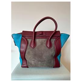 Céline-Céline Luggage in burgundy leather and turquoise and ocher suede-Beige,Dark red,Turquoise