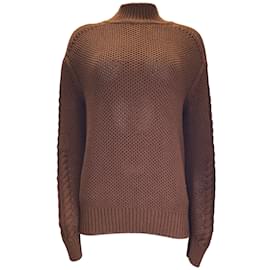 Hermès-Hermes Brown Long Sleeved Mock Neck Cotton and Silk Knit Sweater-Brown