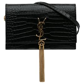 Saint Laurent-Saint Laurent Black Small Embossed Kate Tassel Crossbody Bag-Black