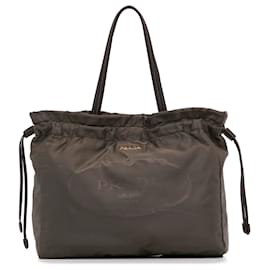 Prada-Prada Brown Logo Tessuto Drawstring Tote Bag-Brown,Dark brown