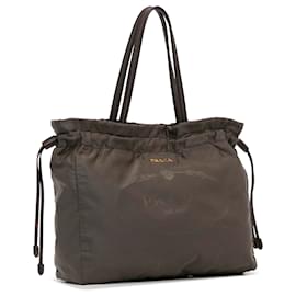 Prada-Prada Brown Logo Tessuto Drawstring Tote Bag-Brown,Dark brown
