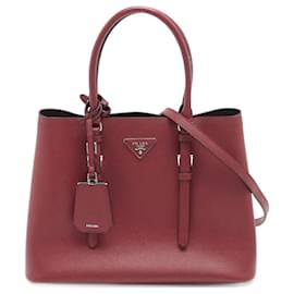 Prada-Double Belted Strap Large Saffiano Leather 2-Way Bordeaux Tote-Dark red