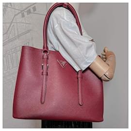 Prada-Double Belted Strap Large Saffiano Leather 2-Way Bordeaux Tote-Dark red