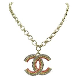 Chanel-NEW CHANEL CC LOGO MULTICOLOR STRASS NECKLACE 80/84 METAL GOLD NECKLACE-Golden