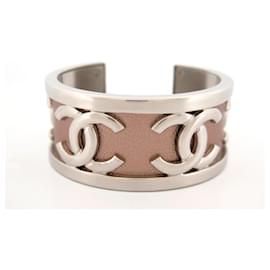 Chanel-NEW CHANEL BRACELET CC LOGO CUFF BRUSHED STEEL AND BRONZE LEATHER + BOX-Bronze