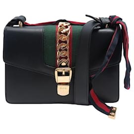 Gucci-SAC A MAIN GUCCI SYLVIE S 421882 EN CUIR NOIR BANDE WEB LEATHER HAND BAG-Noir