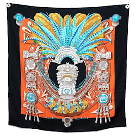 Hermès-VINTAGE HERMES MEXIQUE SCARF BY CATHY LATHAM BLACK SILK SQUARE SILK SCARF-Orange