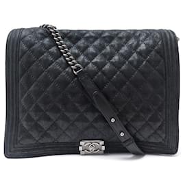Chanel-NEW CHANEL BOY MAXI JUMBO CROSSBODY BLACK LEATHER IRIDESCENT BAG HANDBAG-Black