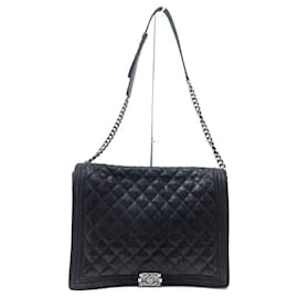 Chanel-NEW CHANEL BOY MAXI JUMBO CROSSBODY BLACK LEATHER IRIDESCENT BAG HANDBAG-Black