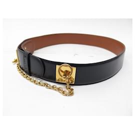 Céline-VINTAGE CELINE BELT DOG COLLAR T 75 IN BLACK BOX LEATHER BELT-Black
