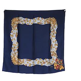 Chanel-VINTAGE CHANEL SCARF JEWELERY PATTERN GRIPOIX SILK NAVY BLUE SILK SCARF-Navy blue