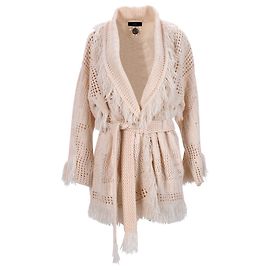 Alanui offen gestrickter Cardigan mit Gürtel und Fransen aus beiger Schurwolle Beige