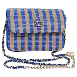Chanel-CHANEL Chain Shoulder Bag Raffia Blue Beige CC Auth 51139a-Blue,Beige