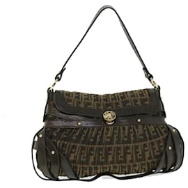 Fendi-FENDI Zucca Canvas Turn Lock Sac à bandoulière Noir Marron Auth yk8162-Marron,Noir