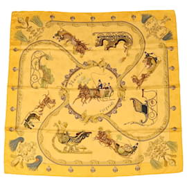 Hermès-HERMES CARRE 90 Scarf ""Plumes et Grelots"" Silk Yellow Auth 50267-Yellow