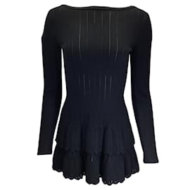 Alaïa-Alaia Black Long Sleeved Bateau Neck Wool Knit Sweater-Black