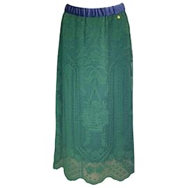 Muveil-Muveil Green / Blue Velvet Trimmed Lace Midi Skirt-Green