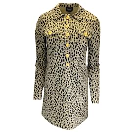 Giambattista Valli Tan / Vestido camisa de algodão com estampa de leopardo preto de manga comprida e botões Camelo