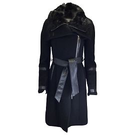 Mackage Black Shearling Trimmed Leather Belted Wool Coat Black