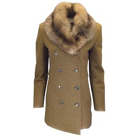 Michael Kors Olive Green Fur Collared lined Breasted Wool and Cashmere Coat Green