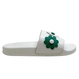 Autre Marque-Vivetta White Leather Slide Sandals with Green Flowers-White