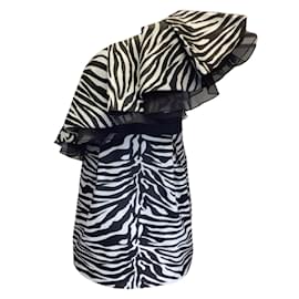 Prabal Gurung-Prabal Gurung Black / Grey Zebra Print One Shoulder Ruffle Mini Dress-Black