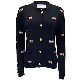 Thom Browne-Thom Browne Navy Blue Bow Design Long Sleeved Button-down Cashmere Knit Cardigan Sweater-Blue