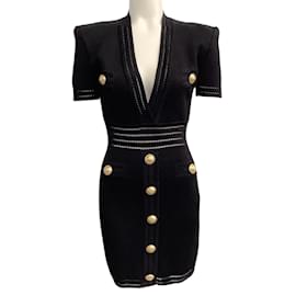 Balmain-Balmain Black Knit Deep V Neck Dress with Gold Buttons-Black