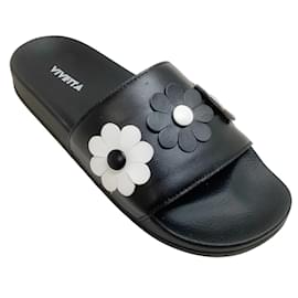 Autre Marque-Vivetta Black Leather Slide Sandals with White Flowers-Black
